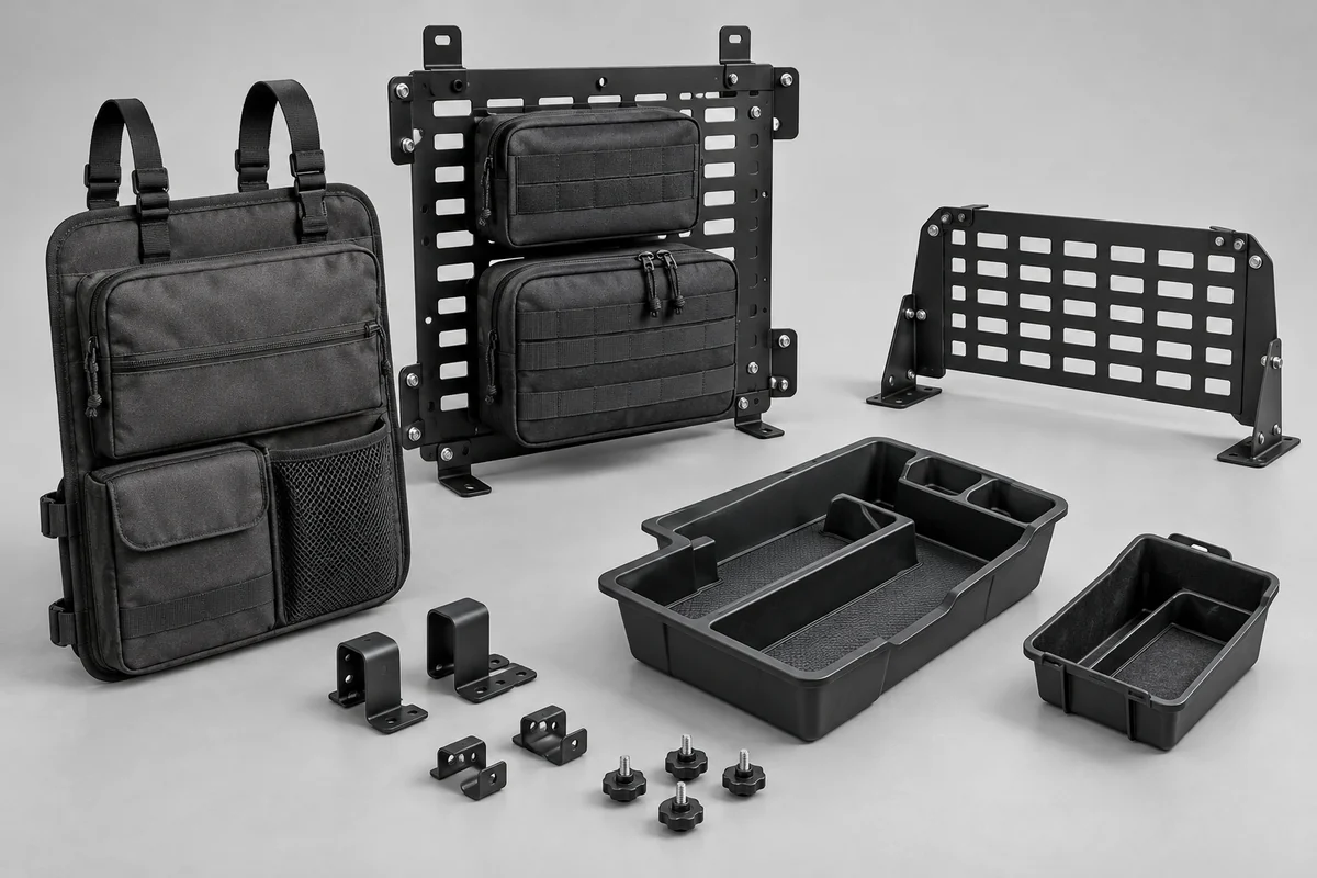 Illustrative seat-back organizers, interior MOLLE panels, console trays and mounting hardware on a light gray background
