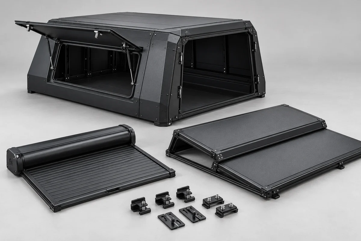Illustrative pickup canopy, folding tonneau cover, retractable cover and mounting clamps on a light gray background