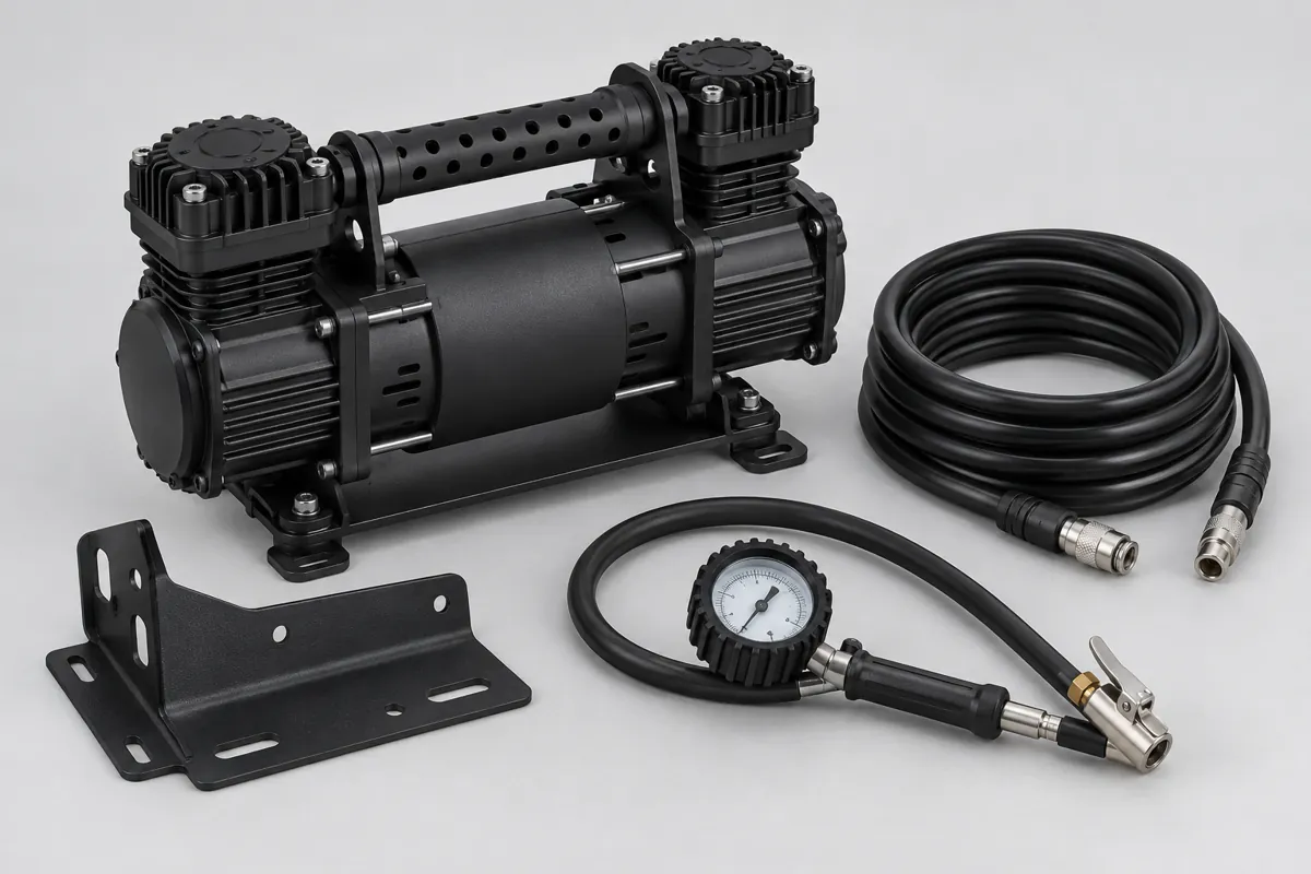 Illustrative twin-cylinder air compressor with hose, tire inflator, pressure gauge and mounting bracket