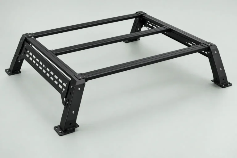 Low adjustable pickup bed rack with crossbars and side mounting panels