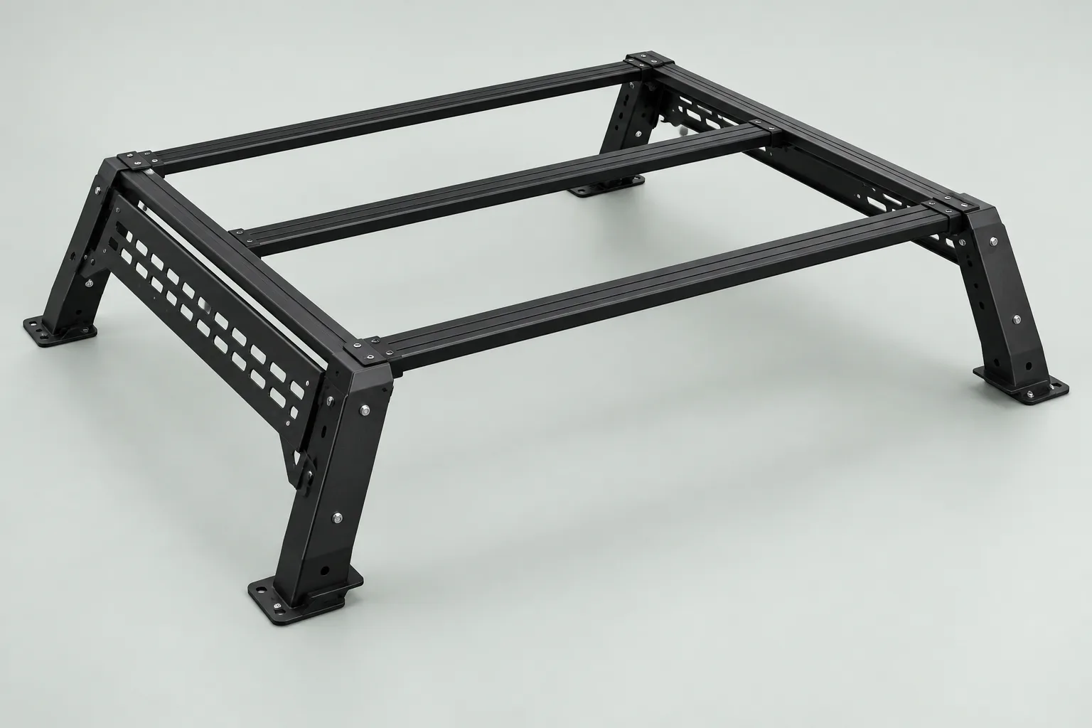 Illustrative truck bed-rack mounting and fabricated crossbar components