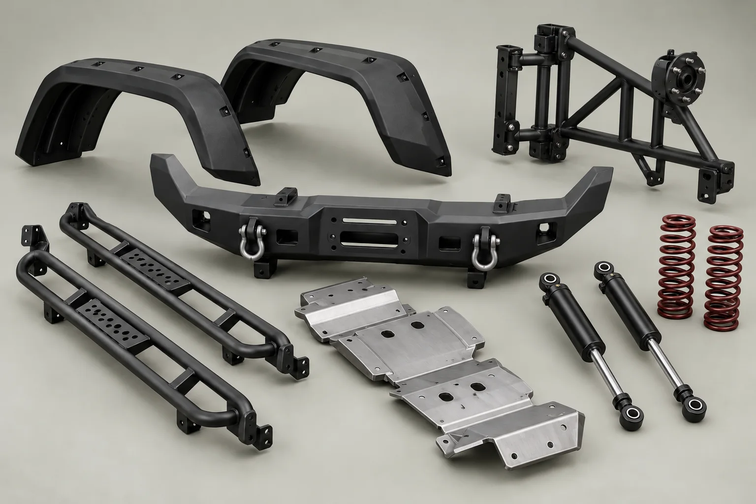 Illustrative collection of off-road bumpers, fender flares, protection panels and suspension components