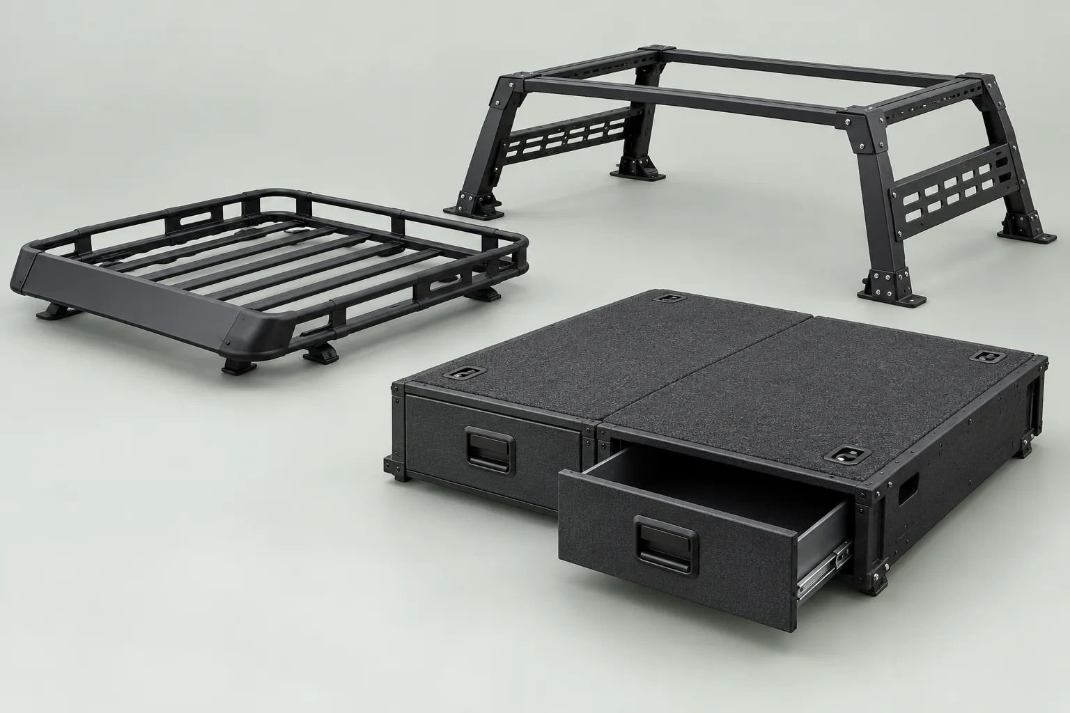 Illustrative roof rack, bed rack and overlanding cargo hardware