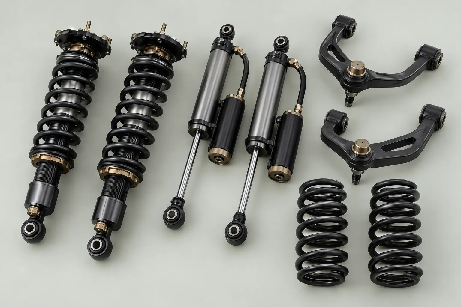 Off-road coilovers, remote-reservoir shocks, control arms and springs