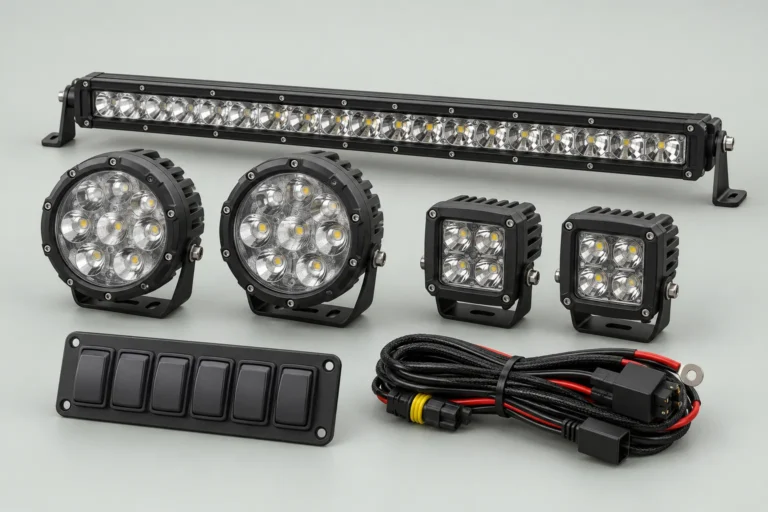 LED light bar, round driving lamps, light pods and auxiliary wiring