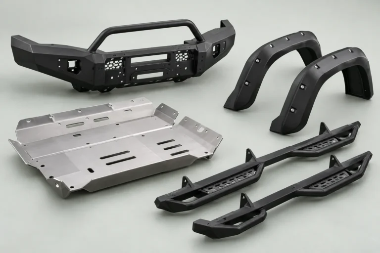 Off-road bumper, underbody skid plate, rock sliders and fender flares