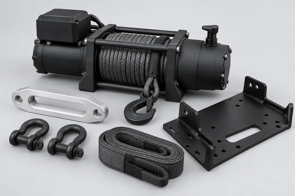Illustrative black recovery winch with synthetic rope, fairlead, shackles, strap and mounting plate