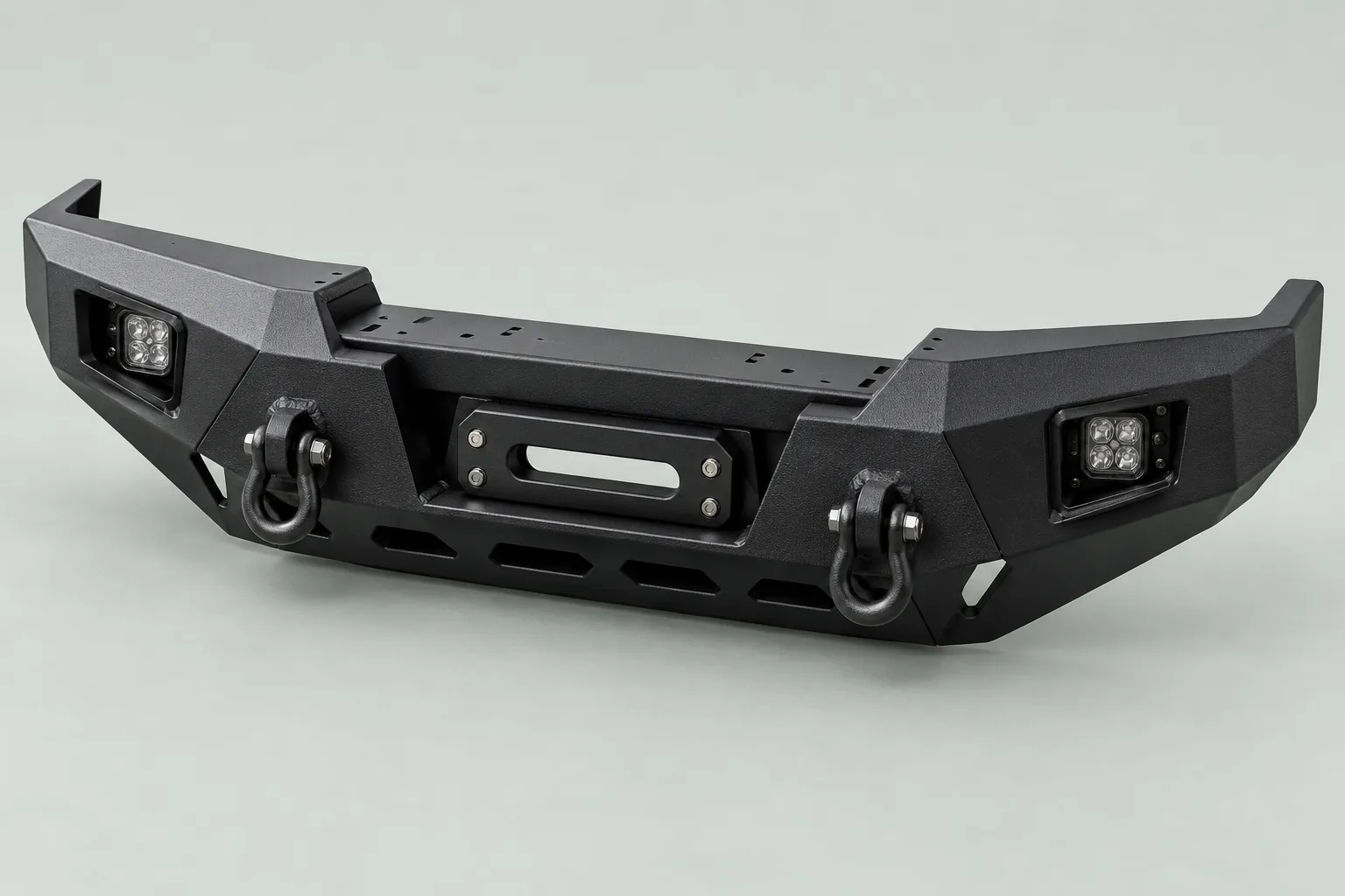 Single steel off-road front bumper with winch tray and recovery mounting tabs