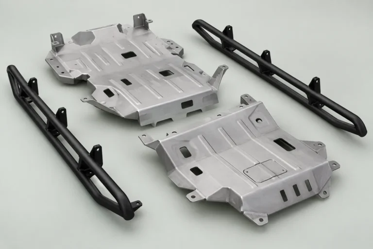 Formed underbody skid plates and tubular rocker guards
