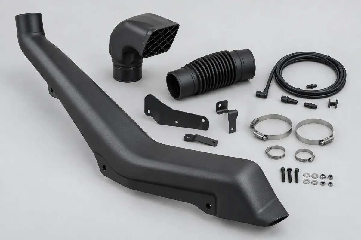 Illustrative raised snorkel body, inlet head, airbox connector, breather hose and installation hardware
