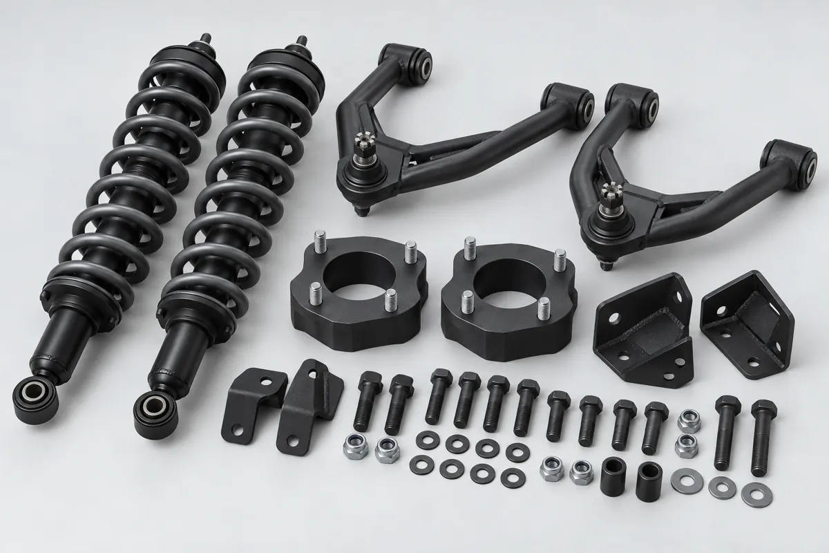 Illustrative 4x4 coilover shocks, control arms, lift spacers and mounting hardware on a light gray background