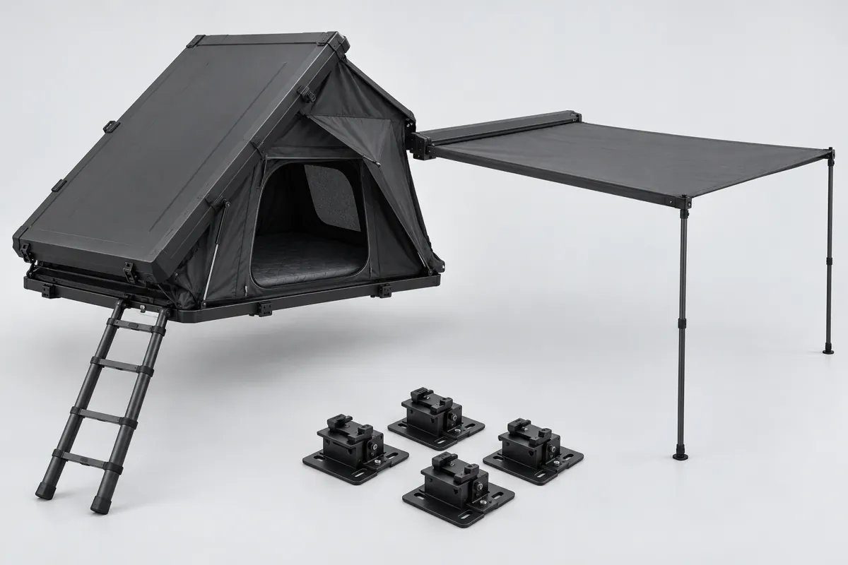 Illustrative charcoal rooftop tent, telescopic ladder, vehicle awning and rack mounting hardware